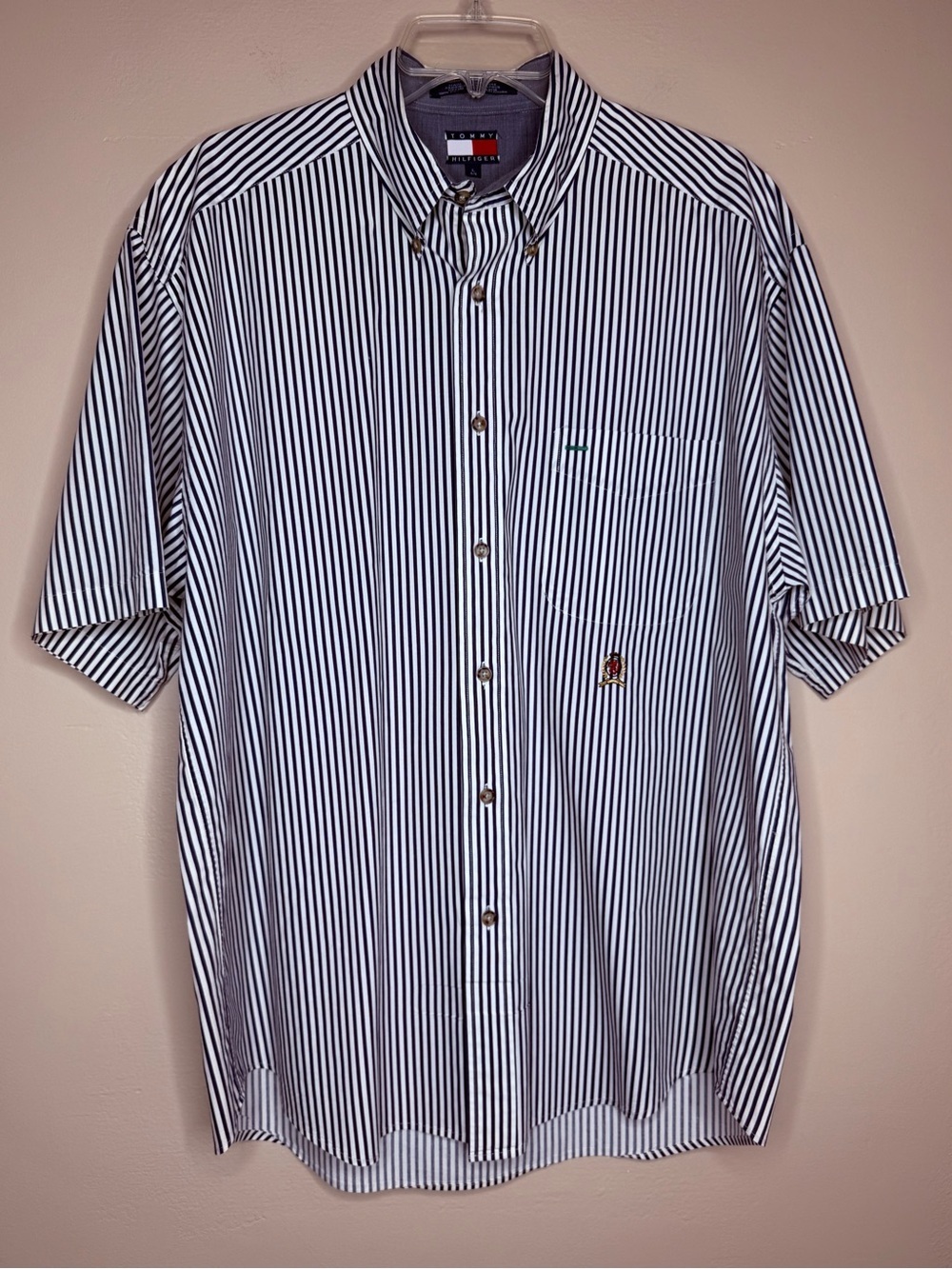 Tommy Hilfiger Cotton Navy & White Stripe Button-Down Shirt Short Sleeve Sz Lge